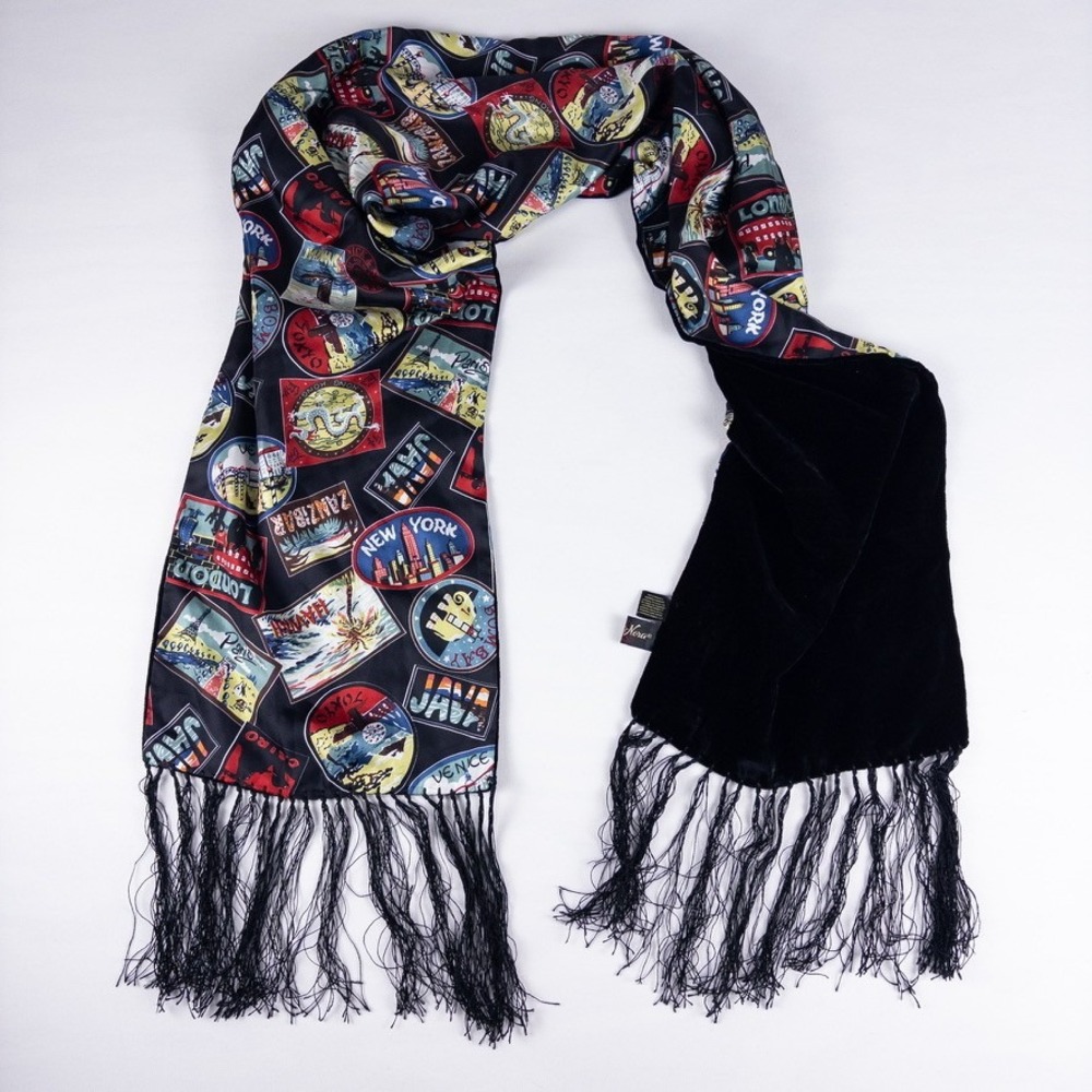 Nick Nora Scarf Black Silk Velvet Vintage Travel Destination Opera Scarf‎ Paris